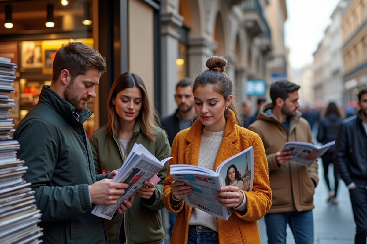 Groupe de jeunes adultes feuilletant magazines de mode à Milan