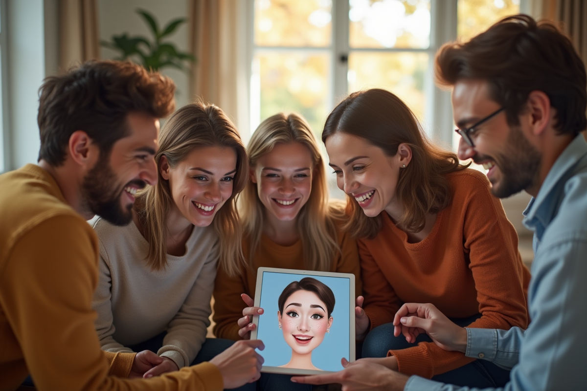 Groupe diversifié de personnes comparant leurs formes de visage sur une tablette