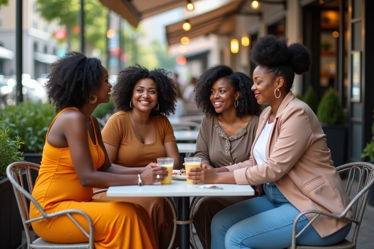 Groupe de femmes plussize souriantes dans un café urbain