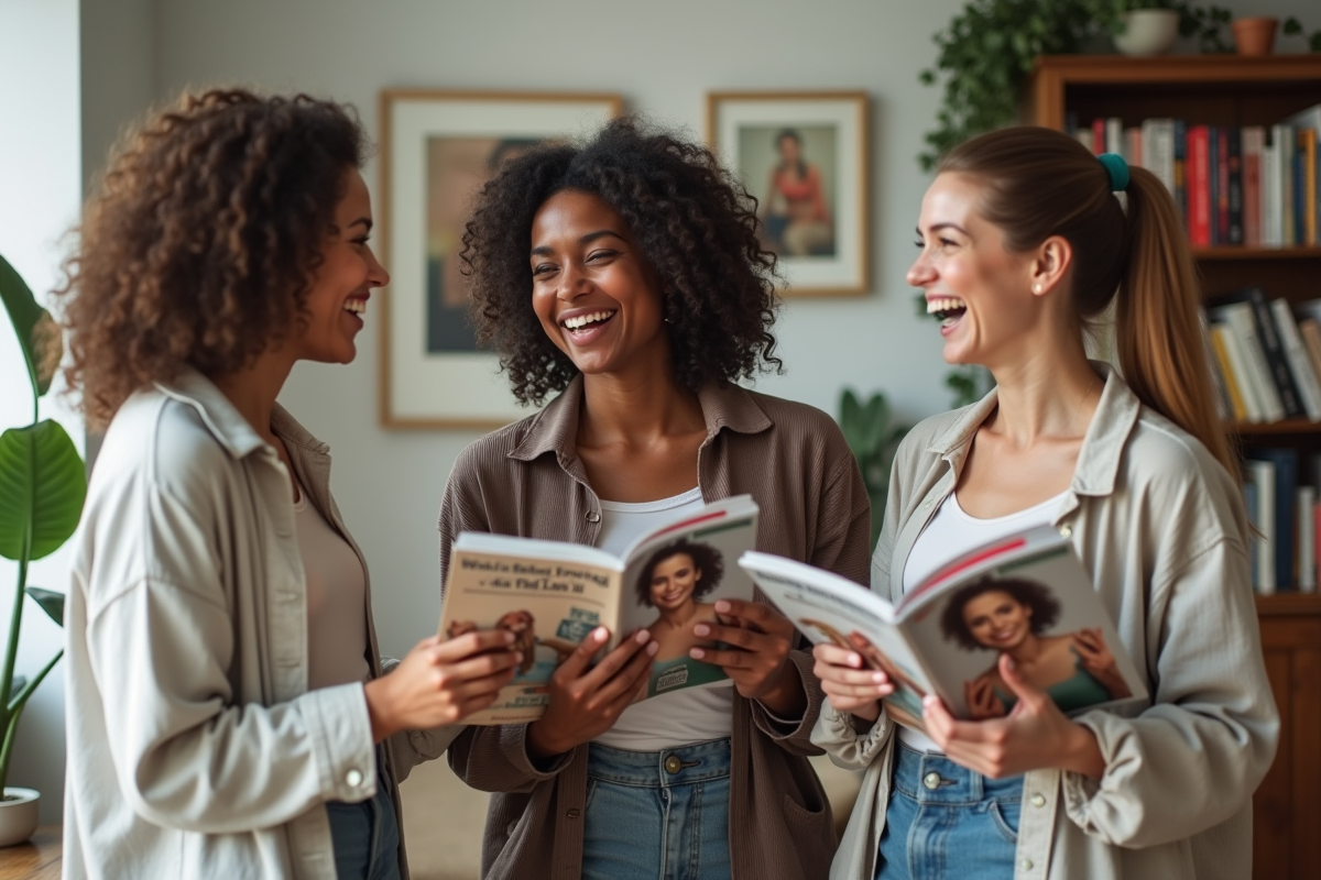 Groupe de femmes riant avec magazines dans un salon lumineux