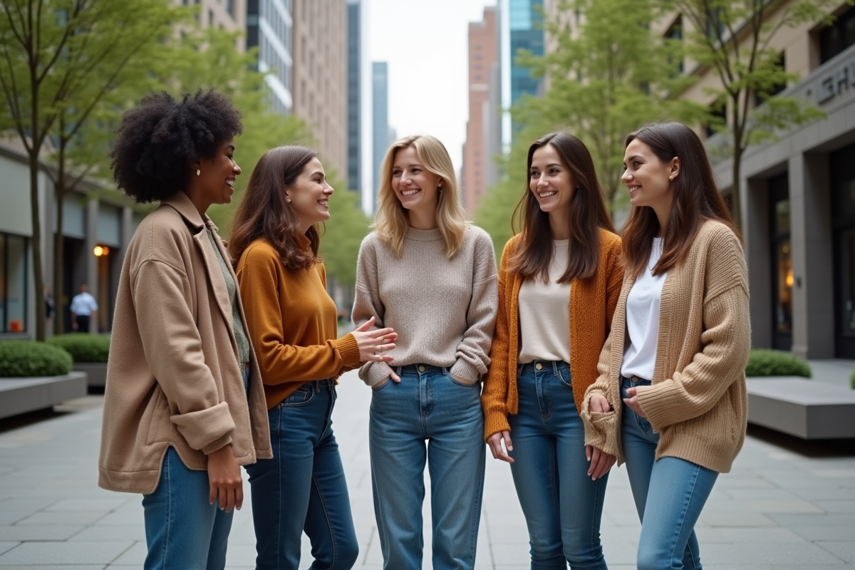 Femmes diverses dans une place urbaine moderne