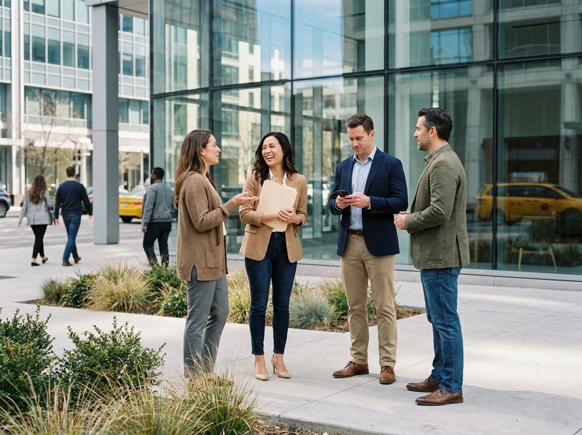 Groupe de quatre professionnels en discussion devant un immeuble de bureaux contemporain en milieu urbain