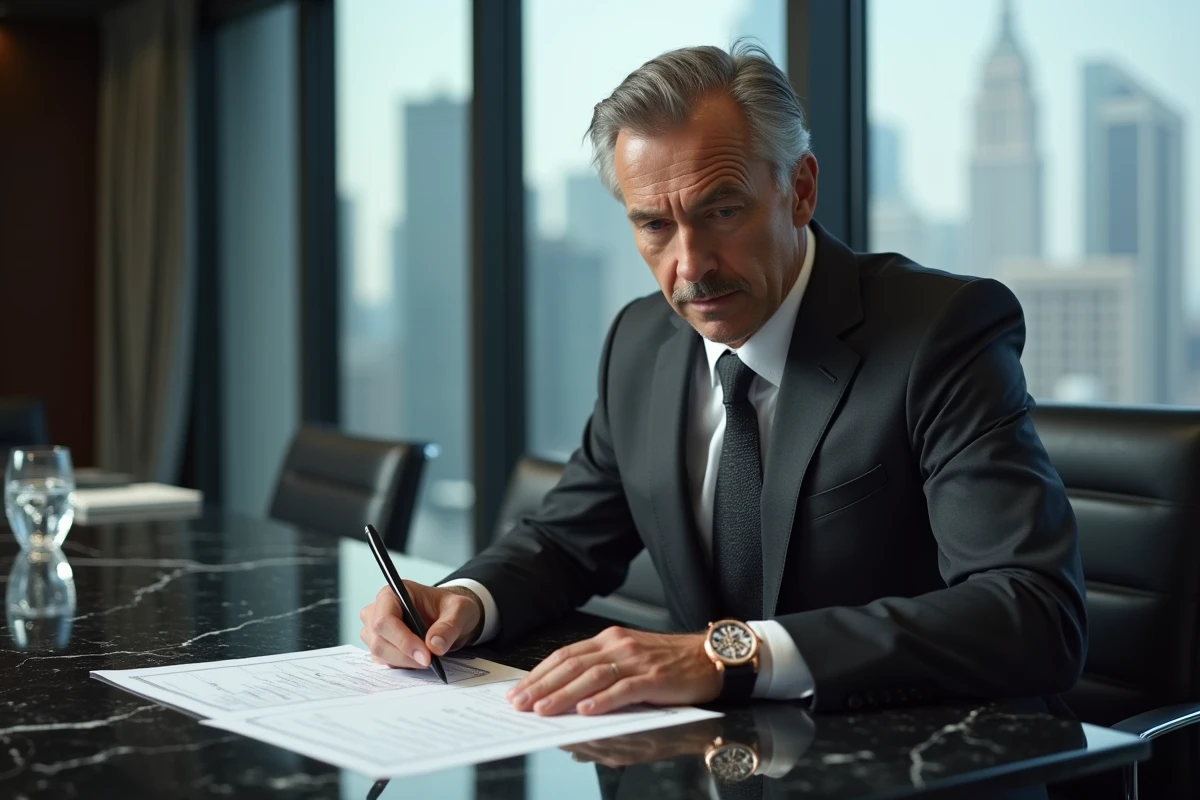 Homme en costume sur mesure dans un bureau exécutif minimaliste portant une montre tourbillon en or rose à cadran squelette