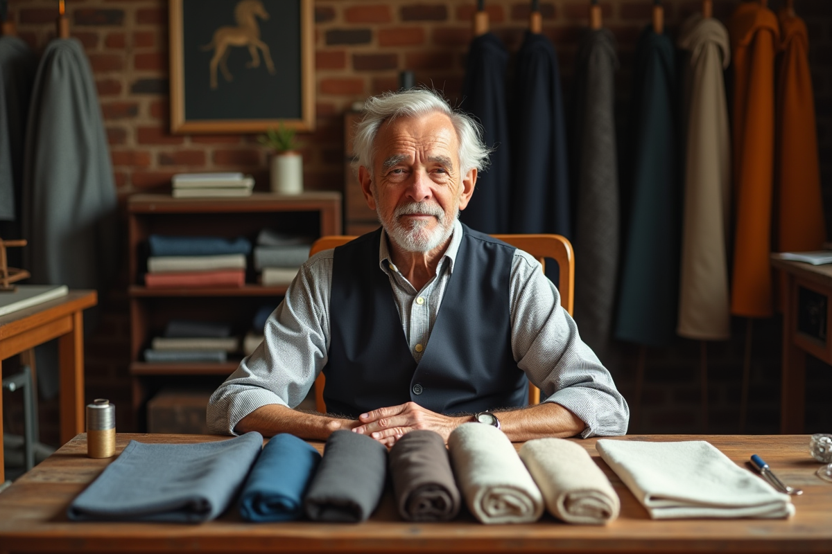 Homme plus âgé présente des échantillons de tissus dans un atelier de couture