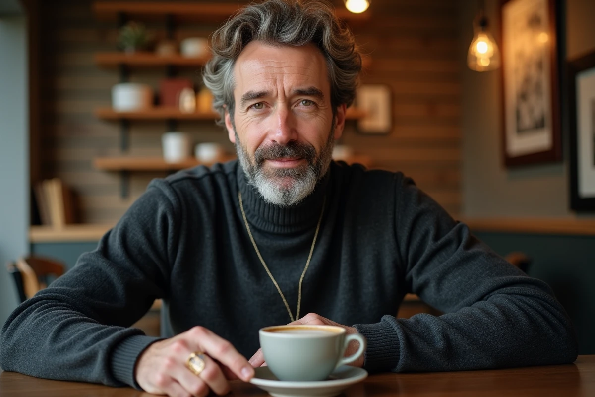 Homme mature avec bague chevalière dorée au petit doigt assis dans un café, exprimant style et personnalité affirmée