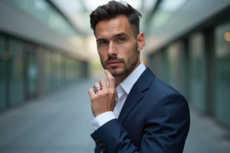 Homme élégant portant une bague au petit doigt en argent avec gravure géométrique, tenue blazer marine en contexte urbain moderne