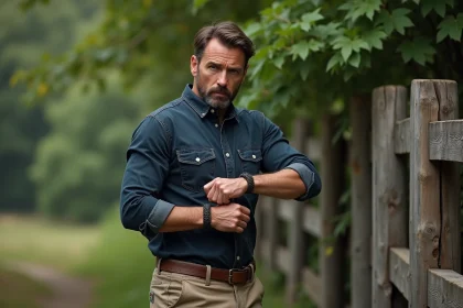 Homme ajustant un bracelet paracord naturel en extérieur