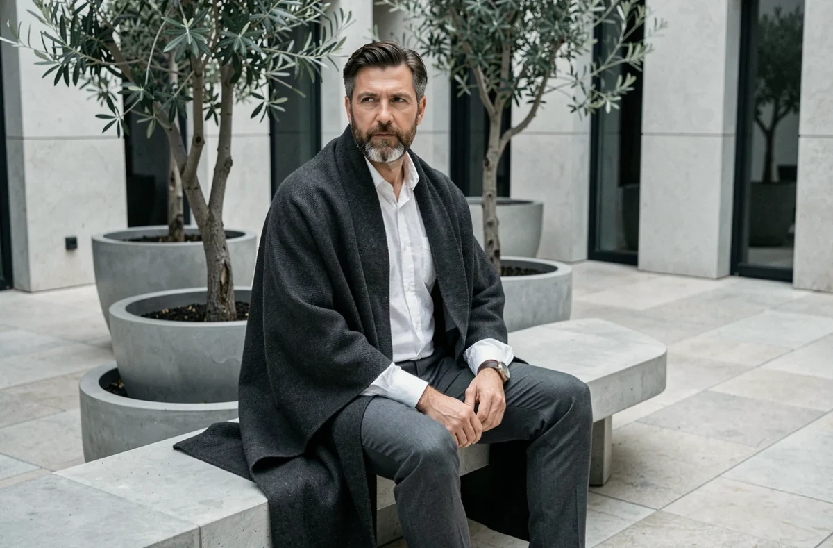 Homme barbu en burnous gris anthracite assis dans une cour urbaine contemporaine avec un style élégant
