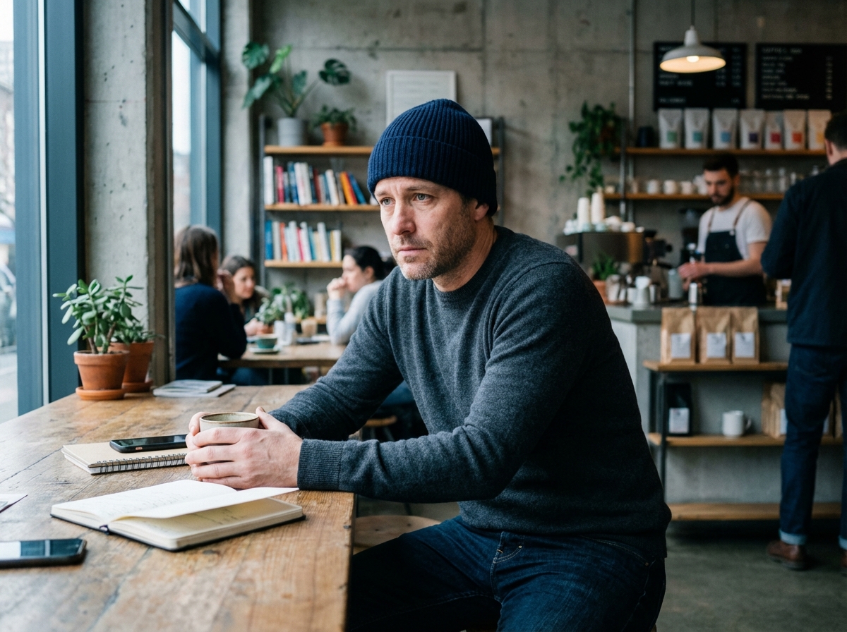 Homme dans un cafe avec bonnet en laine et sweater