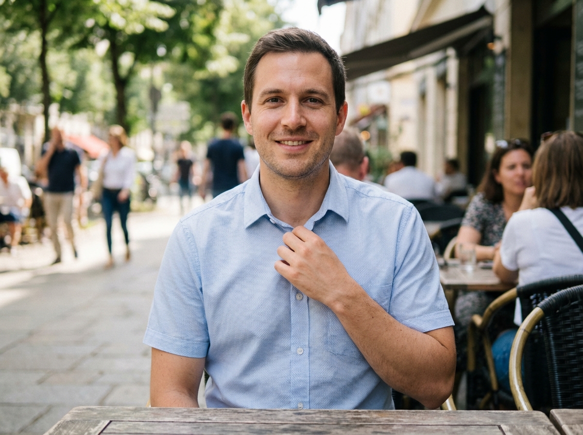 Homme souriant ajustant son col en extérieur