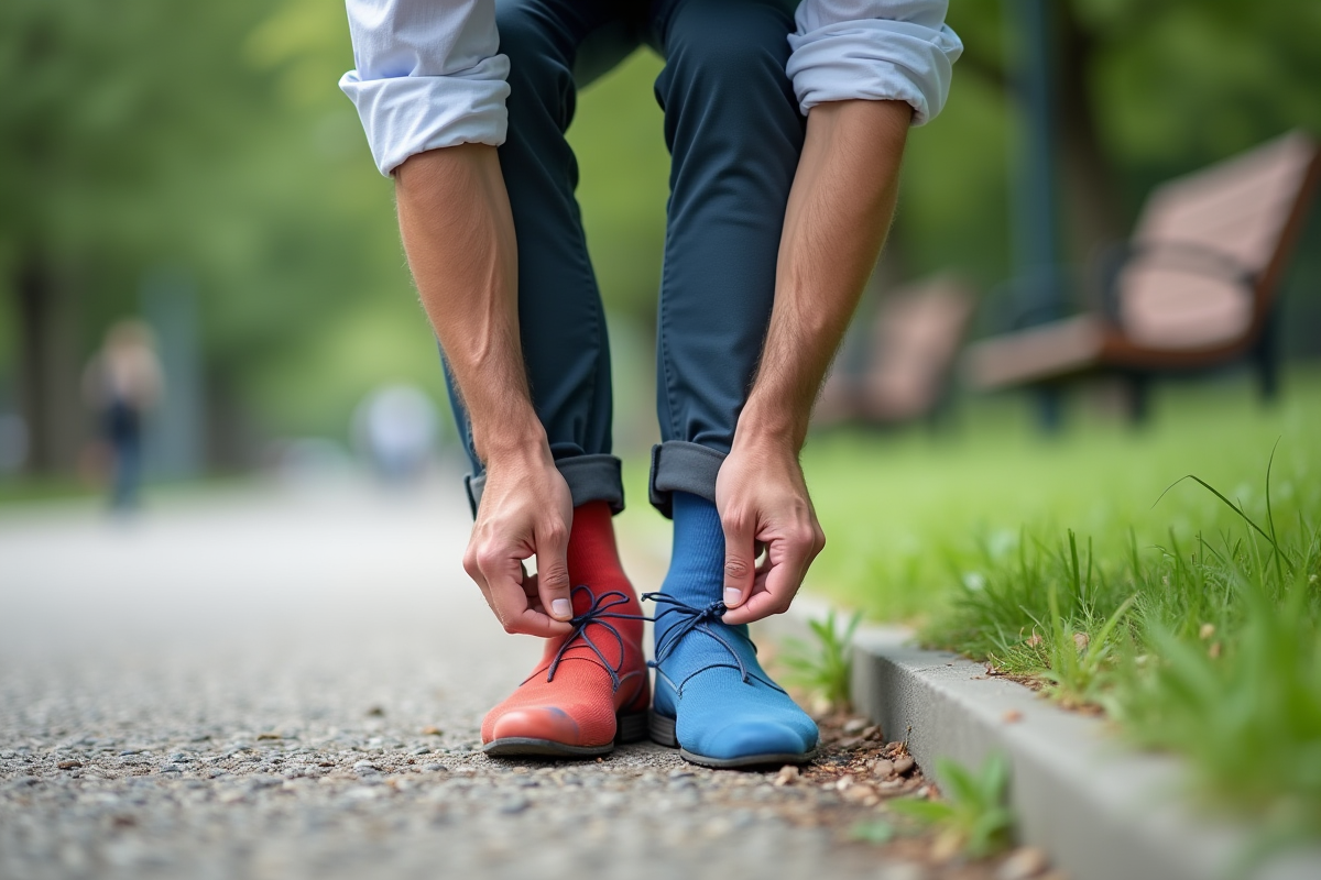 Homme attachant ses lacets de chaussures avec chaussettes dépareillées dans un parc urbain