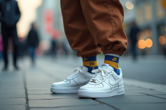Homme debout en ville portant des Air Force 1 blanches