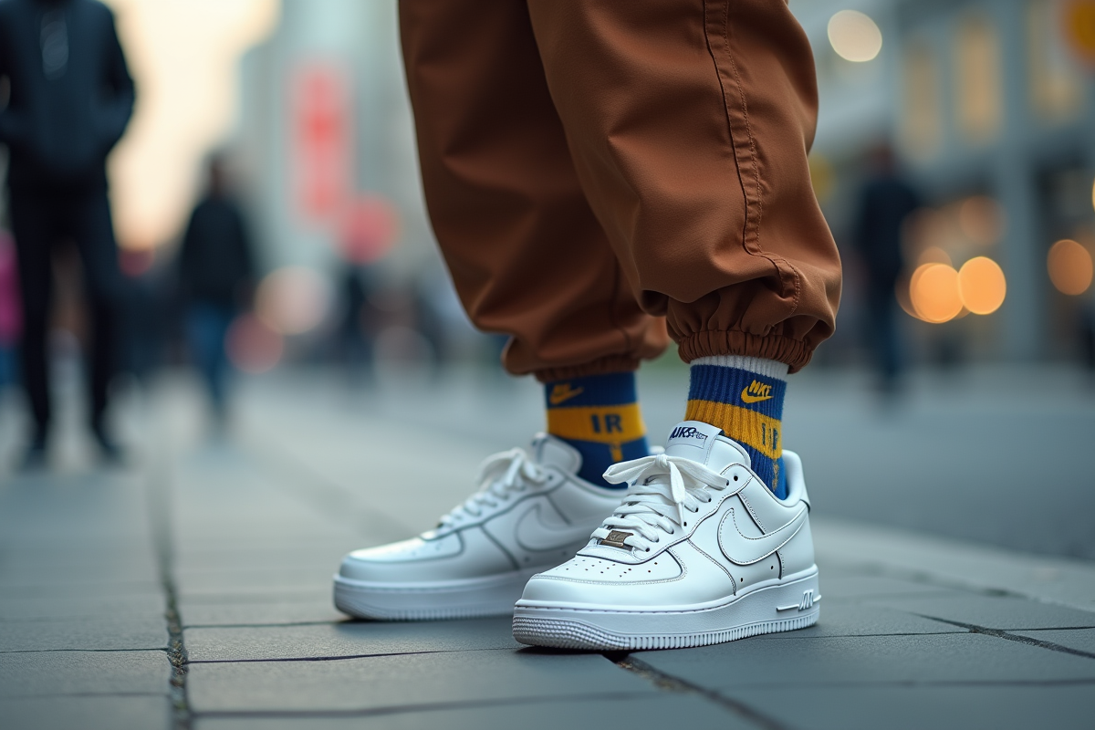 Homme debout en ville portant des Air Force 1 blanches
