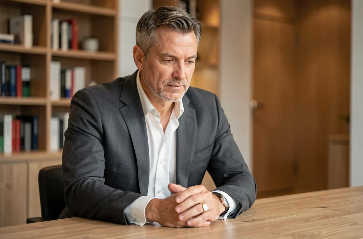 Homme en costume gris portant une chevalière or blanc à la main gauche dans un bureau moderne, alternative masculine à l'alliance