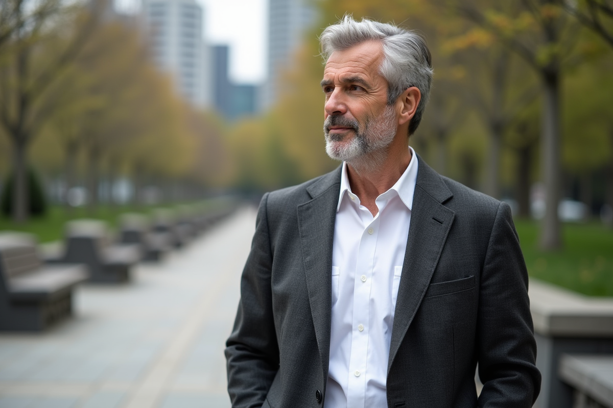 Homme confiant en blazer dans un parc urbain