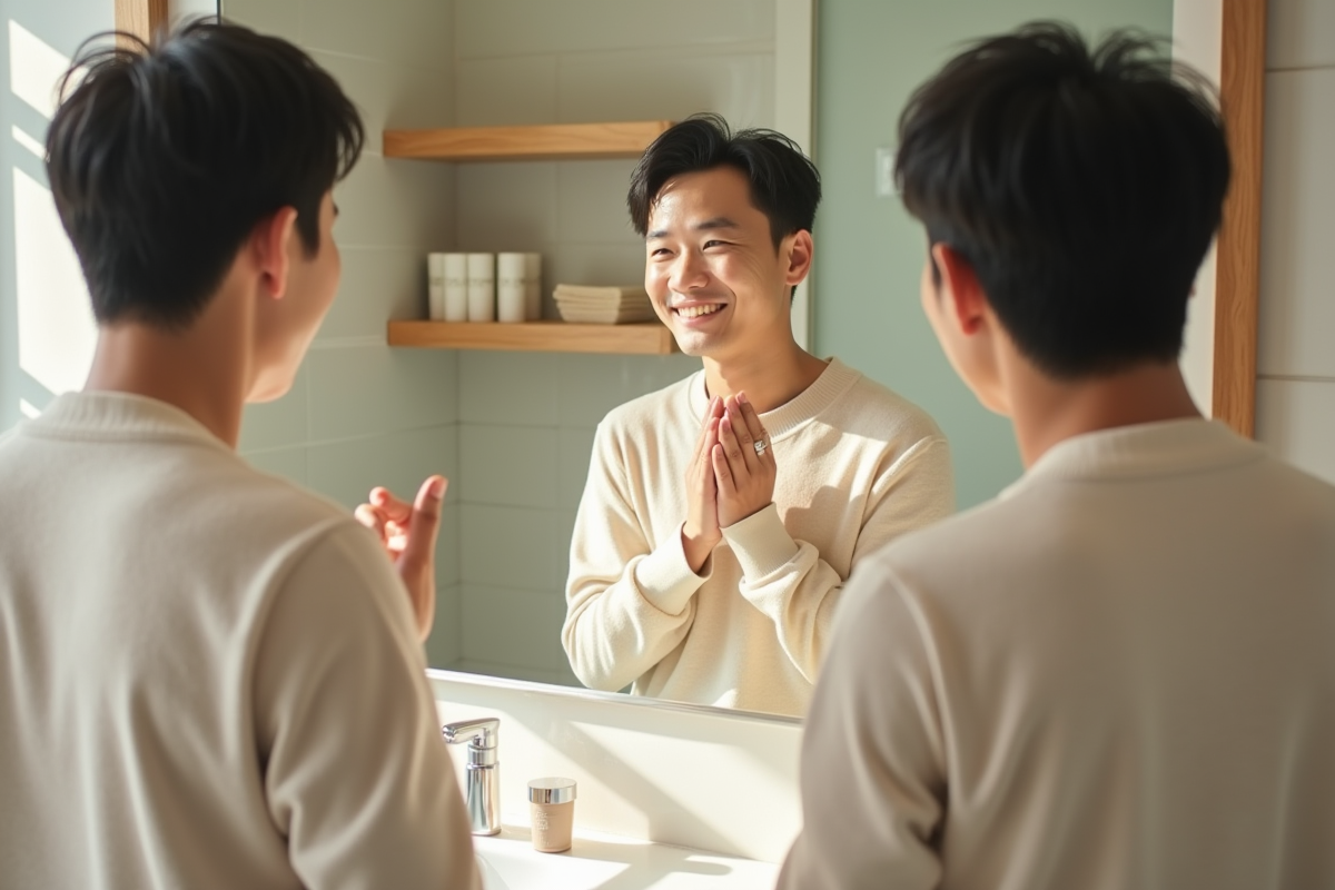 Homme coréen examinant sa peau dans un miroir de salle de bain