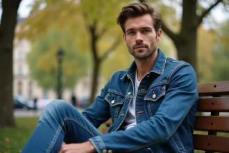 Homme en denim dans un parc parisien