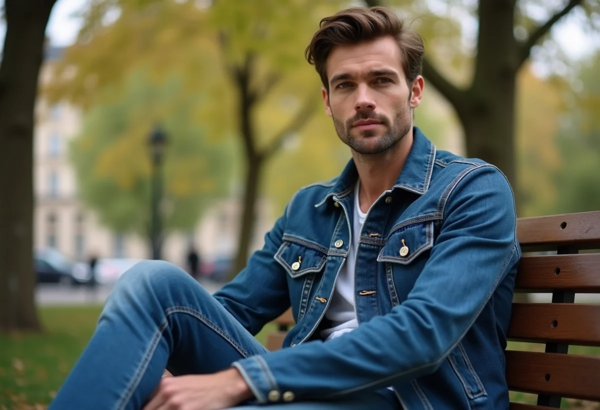Homme en denim dans un parc parisien