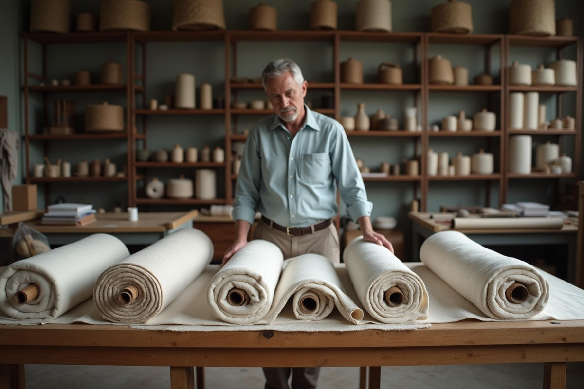 Homme vérifiant des rouleaux de tissus dans un atelier textile