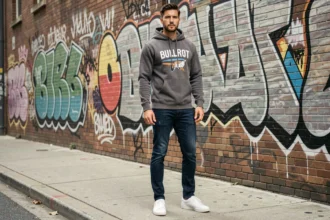 Homme portant un hoodie Bullrot gris charbon dans un décor urbain avec mur en briques grafftié