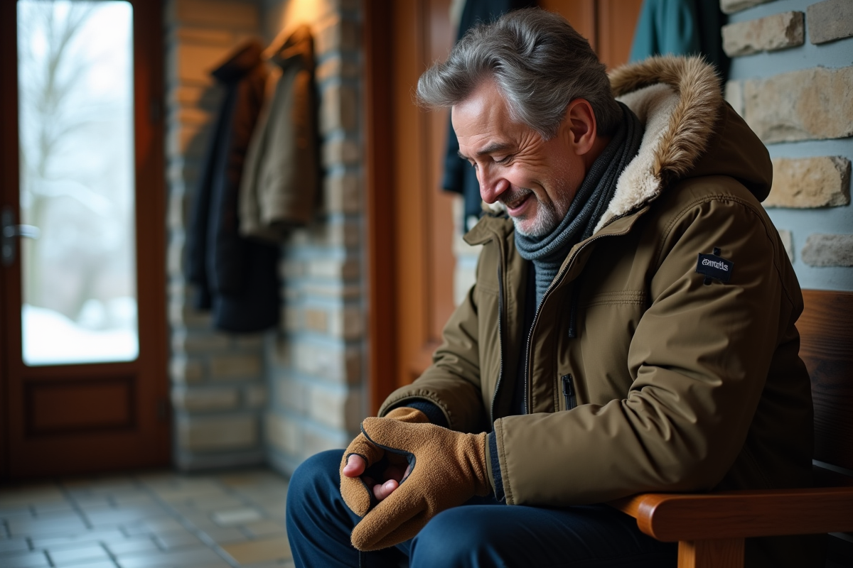 Homme vérifiant la doublure d’un gant d’hiver intérieur