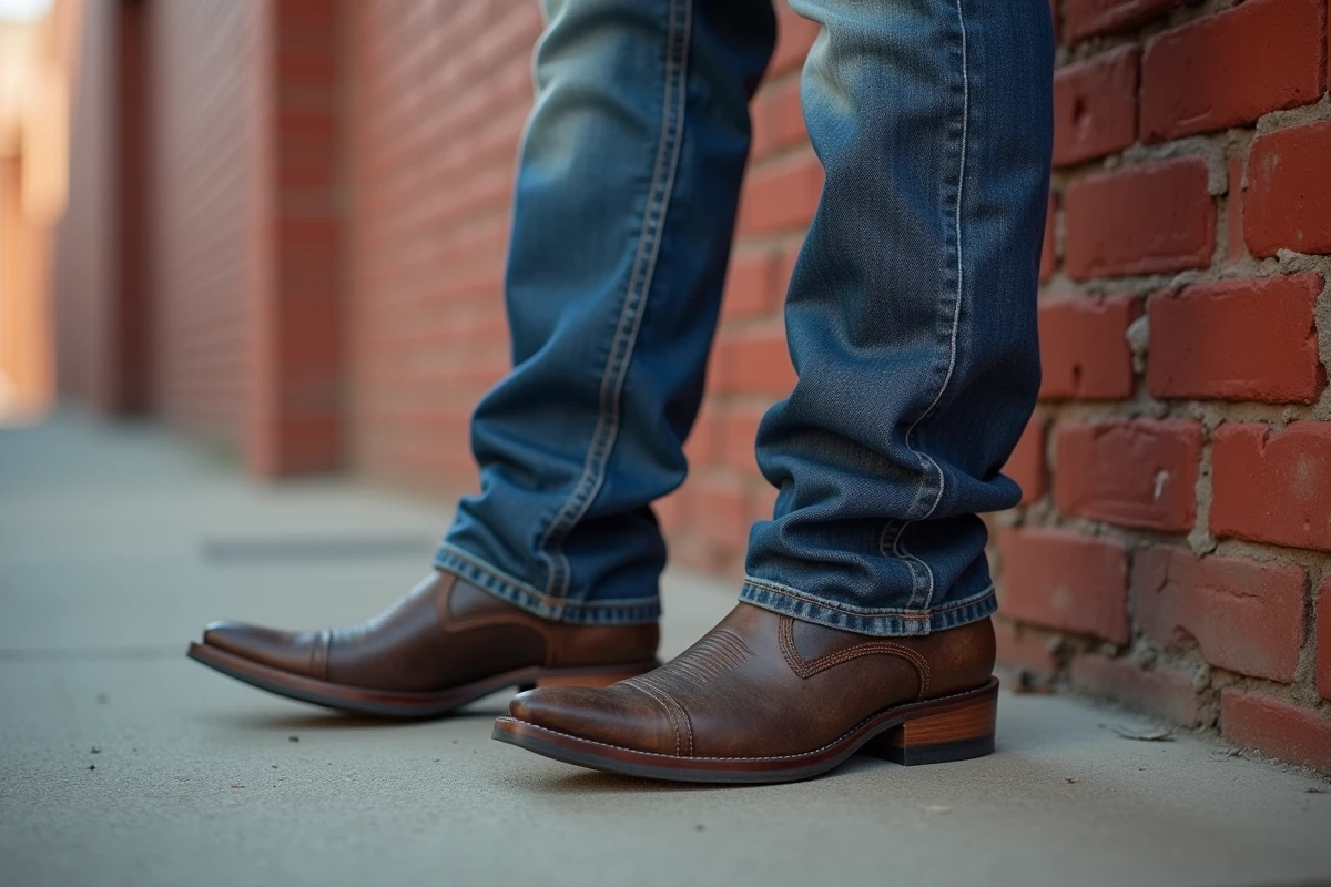 Homme en jean droit bleu moyen et bottes western marron chocolat pointues, look cowboy urbain masculin décontracté