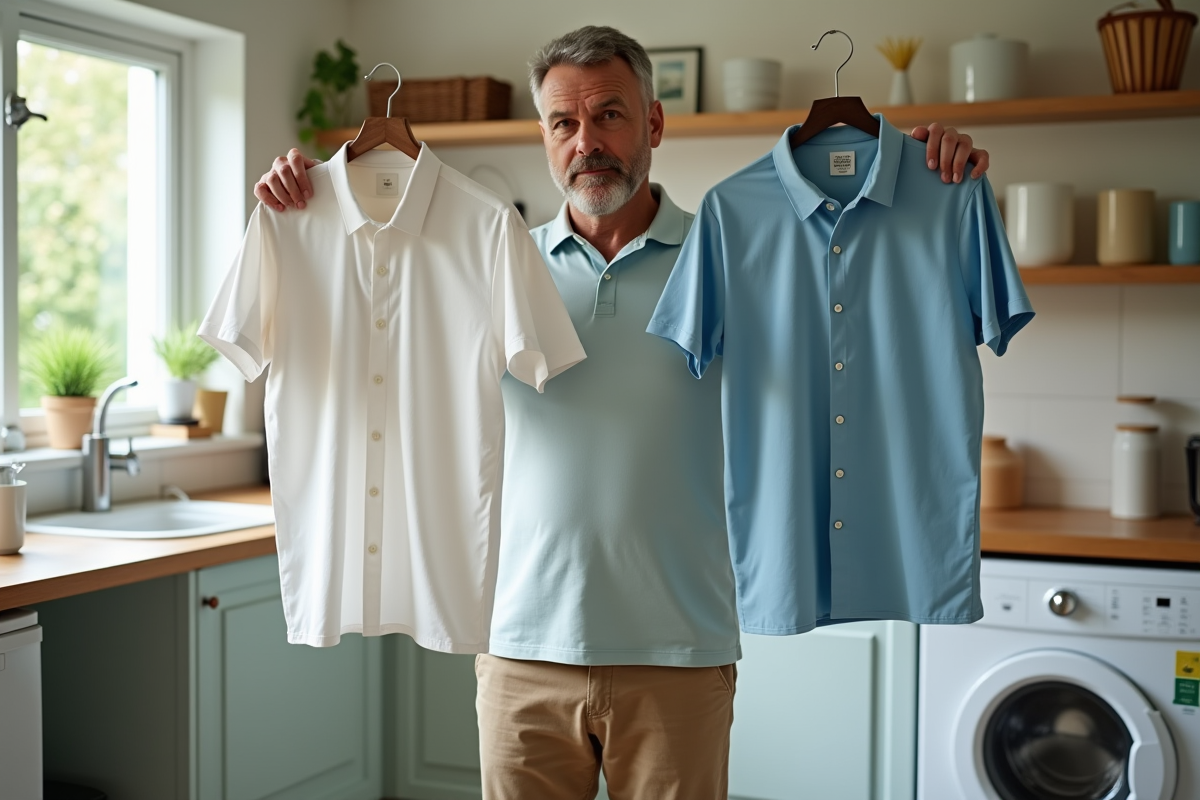 Homme comparant tissus de chemises dans une buanderie lumineuse