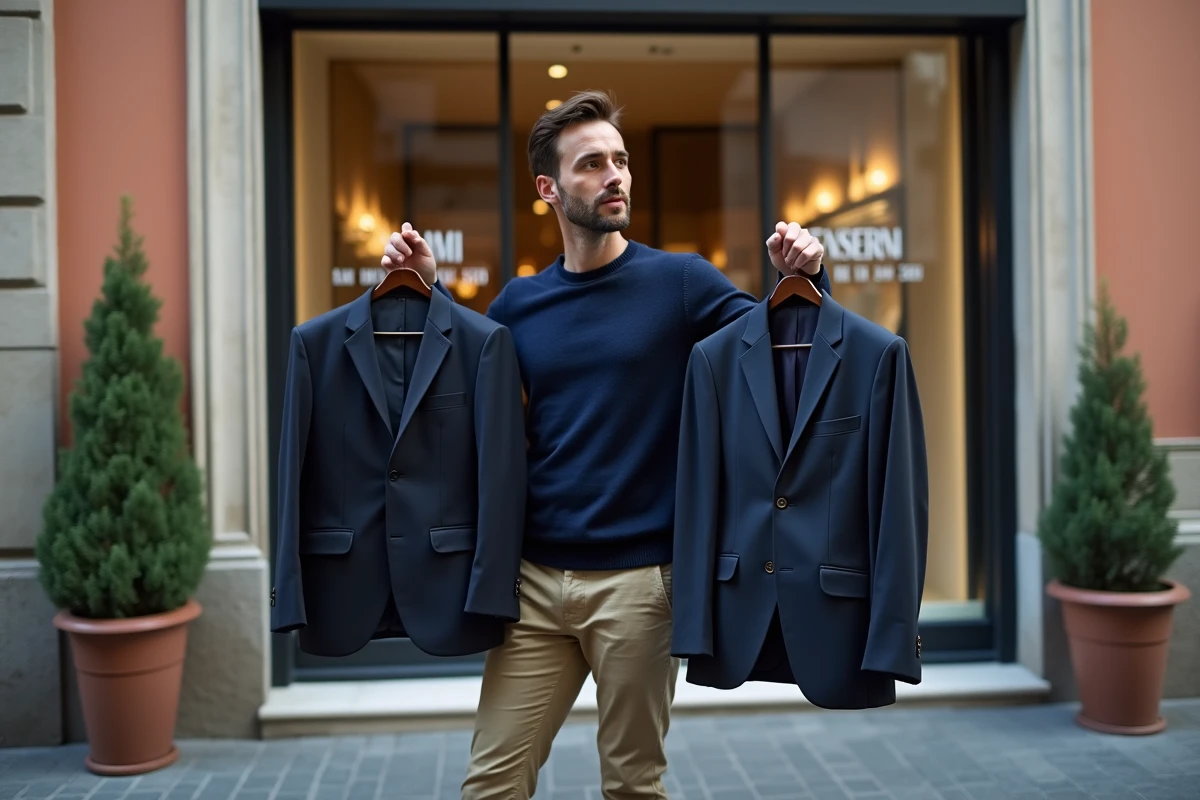 Homme comparant des vestes de costume en solde devant une boutique de mode masculine à Rome en Italie