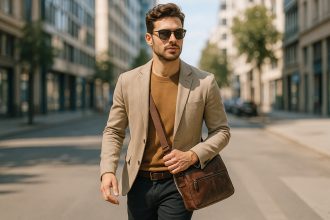 Homme élégant marchant en ville en journée ensoleillée