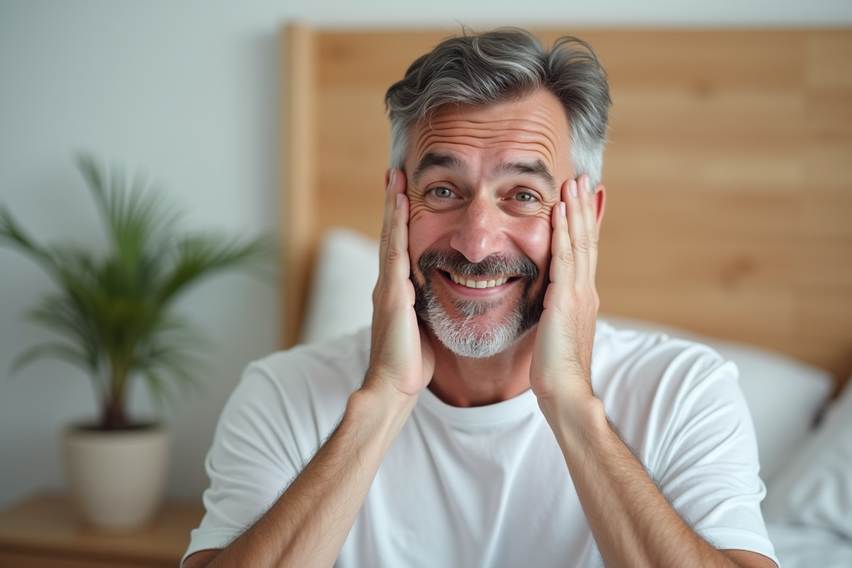 Homme se réveillant touchant son visage propre dans la chambre
