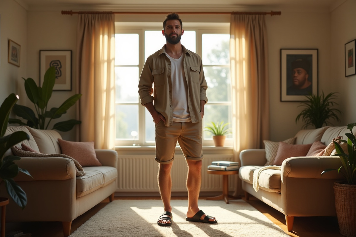Homme dans un salon lumineux portant des sandales Birkenstock