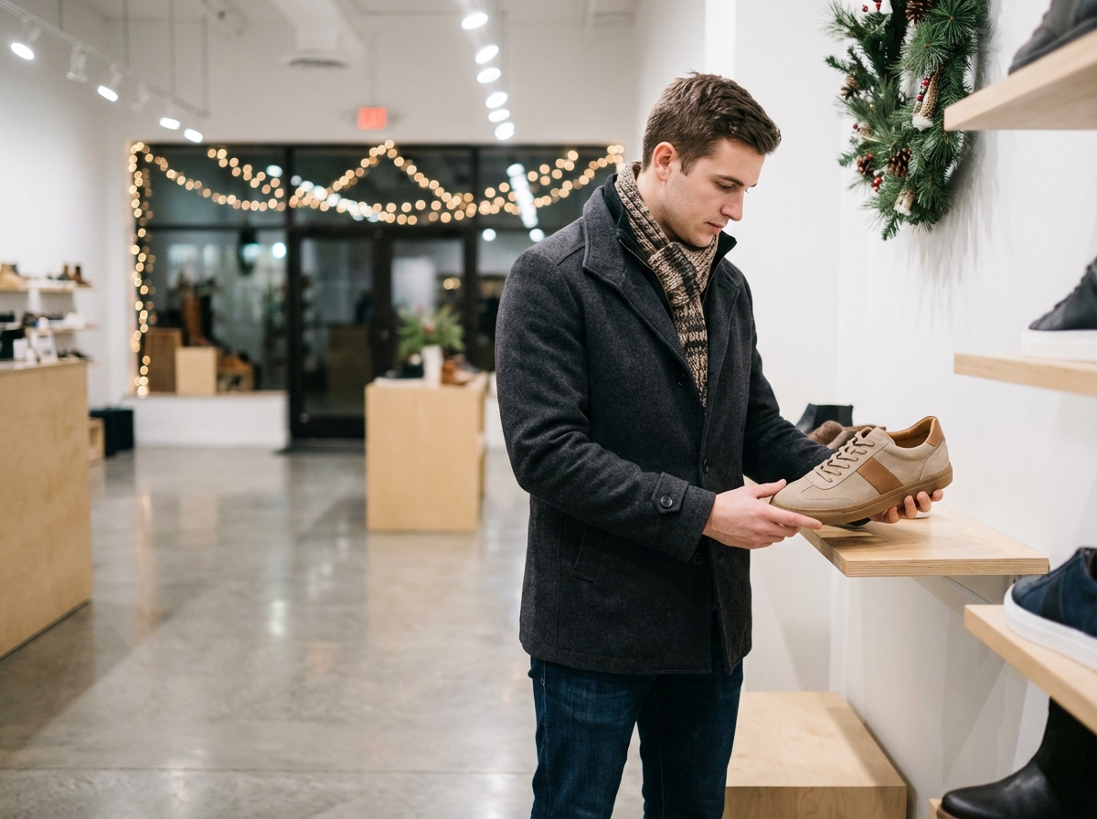 Jeune homme regardant des sneakers dans un magasin moderne