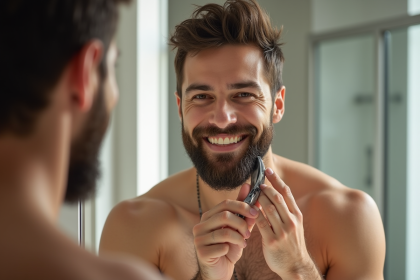Homme en train de soigner sa barbe devant un miroir lumineux