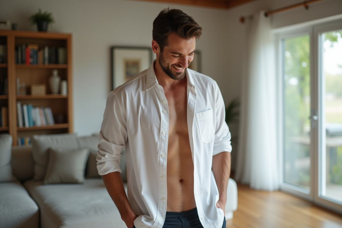 Homme souriant dans une maison moderne en chemise blanche