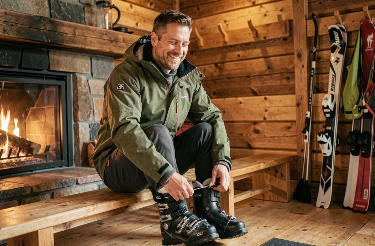 Homme en tenue technique de montagne multicouche se relaxant dans un chalet de station de ski après une descente