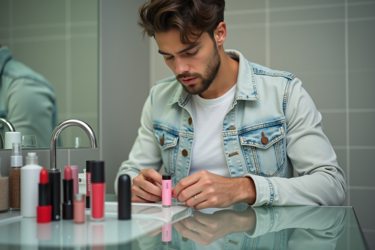 Homme vérifiant des rouges à lèvres sur un lavabo