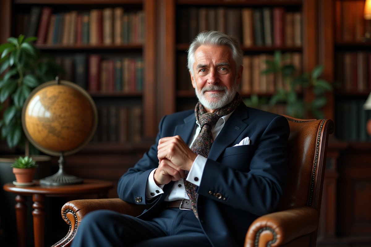 Homme âgé en costume dans une bibliothèque élégante