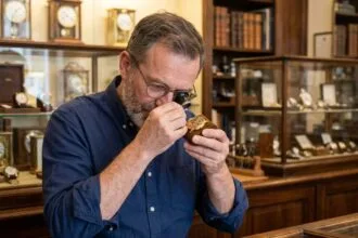 Horloger homme examinant une montre de luxe dans un magasin bruxellois