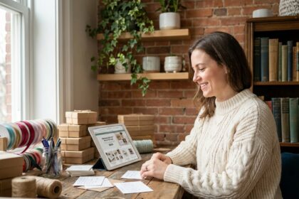 Femme cherchant des idées de cadeaux personnalisés sur une tablette entourée de fournitures créatives et de petits cadeaux emballés