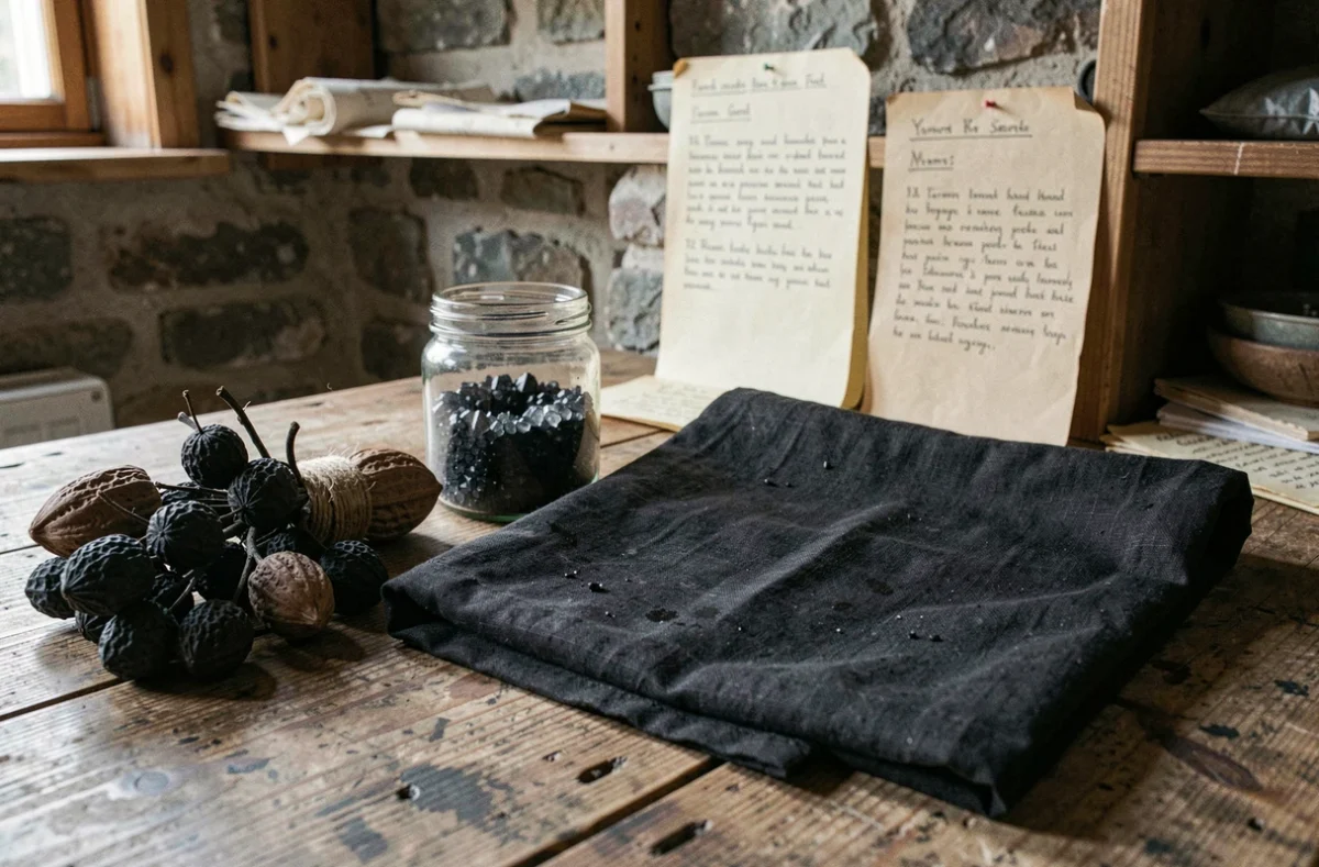 Gros plan sur un tissu teint en noir avec des ingrédients naturels comme les noix de galle et le sulfate de fer sur une table en chêne