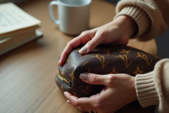 Femme inspectant les coutures d'un sac Louis Vuitton monogram pour en vérifier l'authenticité