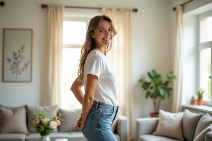 Jeune femme souriante montrant une bonne posture dans le salon