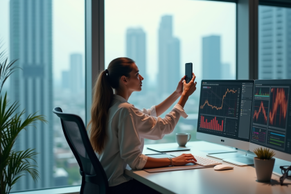 Jeune femme stylée prenant un selfie dans un bureau moderne