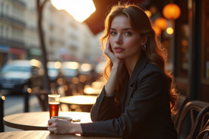 Jeune femme élégante assise au café parisien au matin