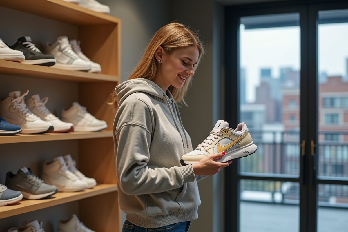 Jeune femme admirant des sneakers dans un magasin moderne