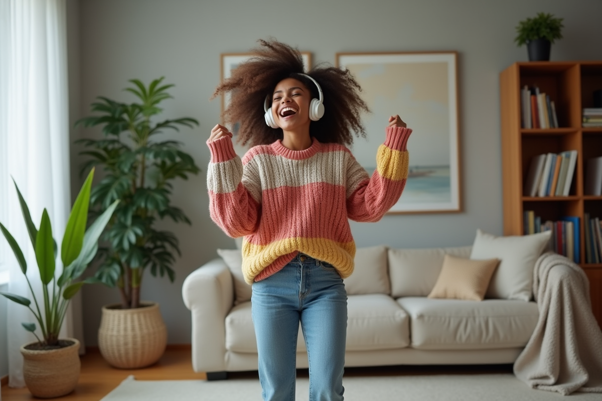 Jeune femme dansant joyeusement avec écouteurs sans fil dans un salon cosy