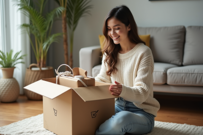 Jeune femme souriante déballant un colis dans un salon moderne