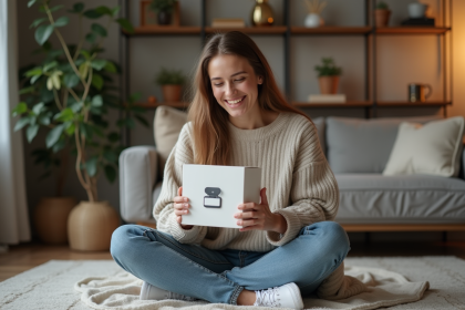Jeune femme heureuse déballant un gadget technologique dans son salon