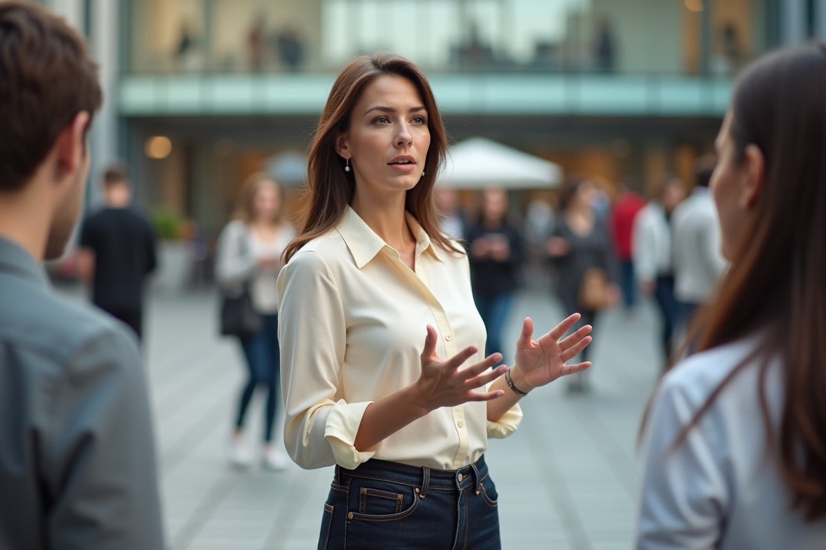 Jeune femme en blouse crème discutant en ville dynamique