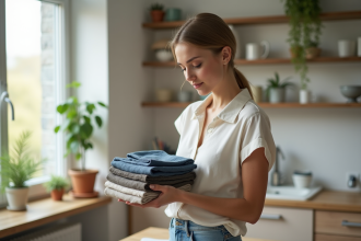 Jeune femme examine quatre échantillons de tissus dans une cuisine lumineuse